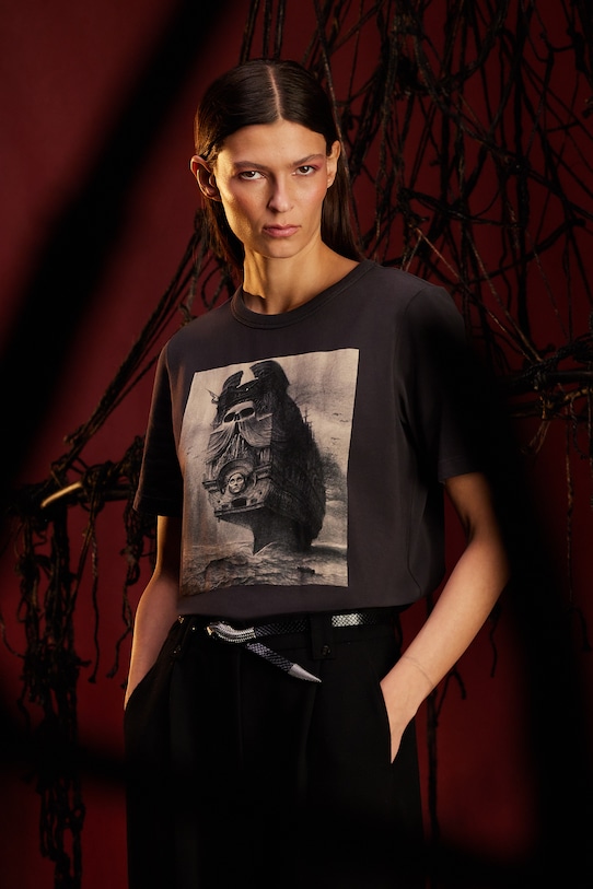 Odzież T-shirt bawełniany damski z elastanem z kolekcji Zdzisław Beksiński x Medicine RW25-TSDA58 szary