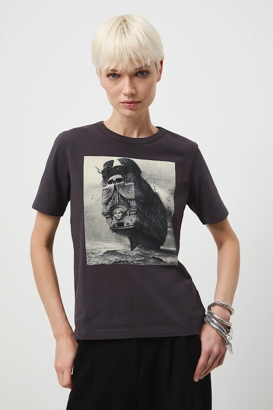 T-shirt bawełniany damski z elastanem z kolekcji Zdzisław Beksiński x Medicine RW25-TSDA58 szary