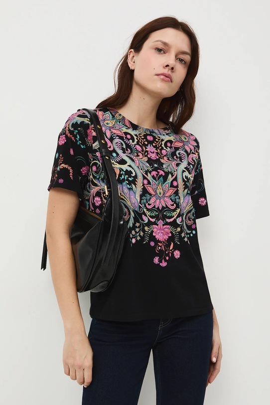 T-shirt bawełniany damski z nadrukiem okrągły czarny RW25-TSDC05