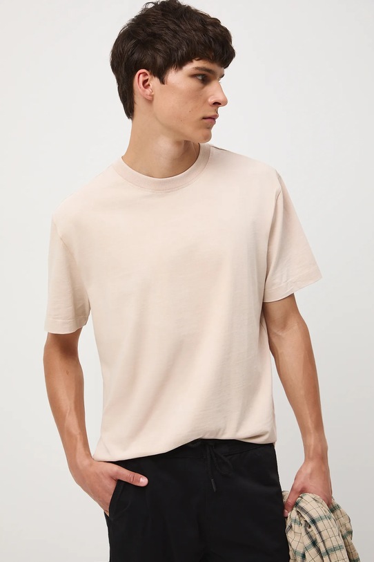T-shirt bawełniany męski z efektem sprania bawełna beżowy RW25-TSM041