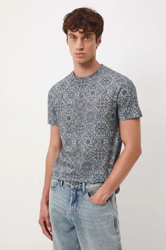 T-shirt bawełniany męski wzorzysty turkusowy RW25-TSM071