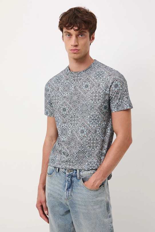 T-shirt bawełniany męski wzorzysty turkusowy RW25-TSM071