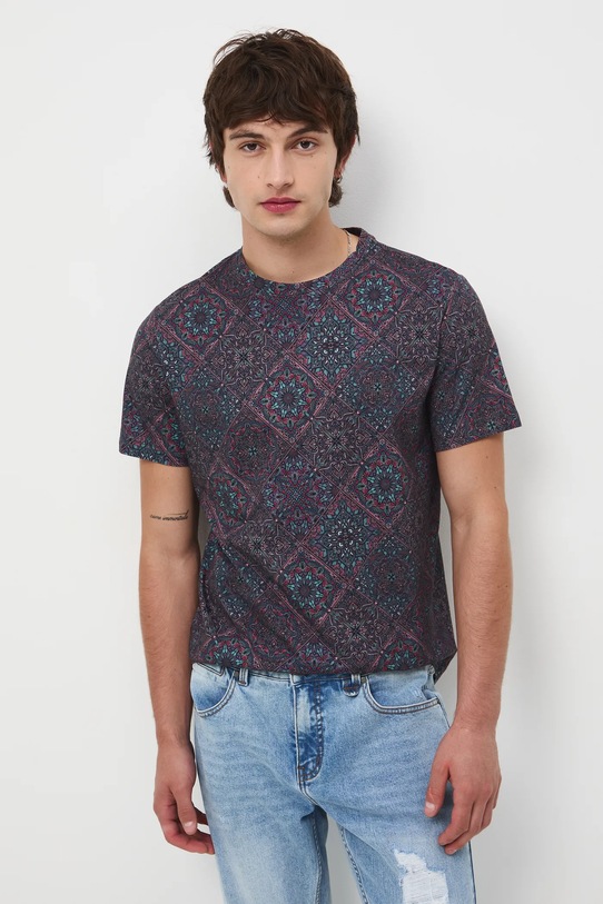 T-shirt bawełniany męski wzorzysty bordowy RW25-TSM071