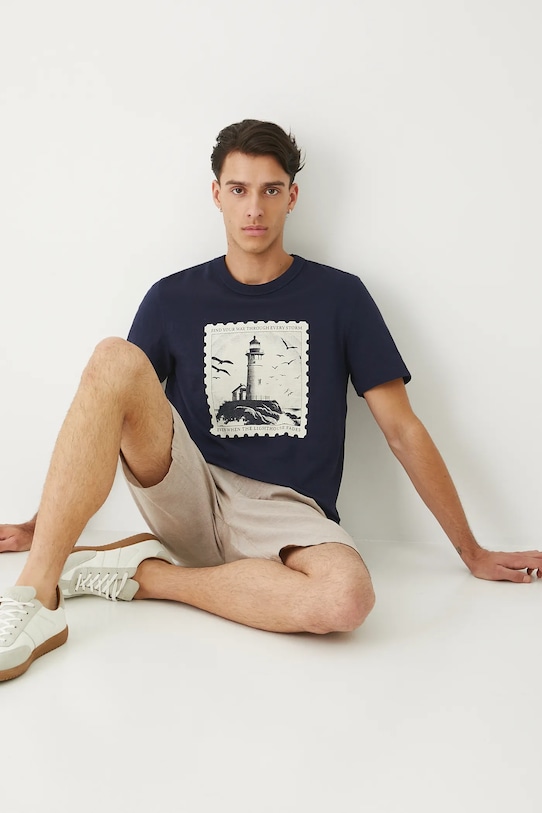 T-shirt bawełniany męski z nadrukiem okrągły granatowy RW25.TSM104