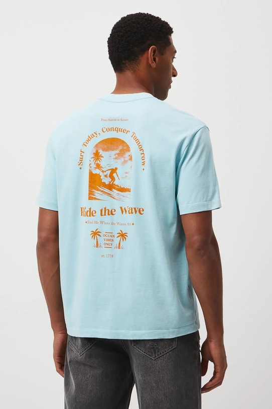 T-shirt bawełniany męski z nadrukiem i aplikacją turkusowy RW25-TSM205