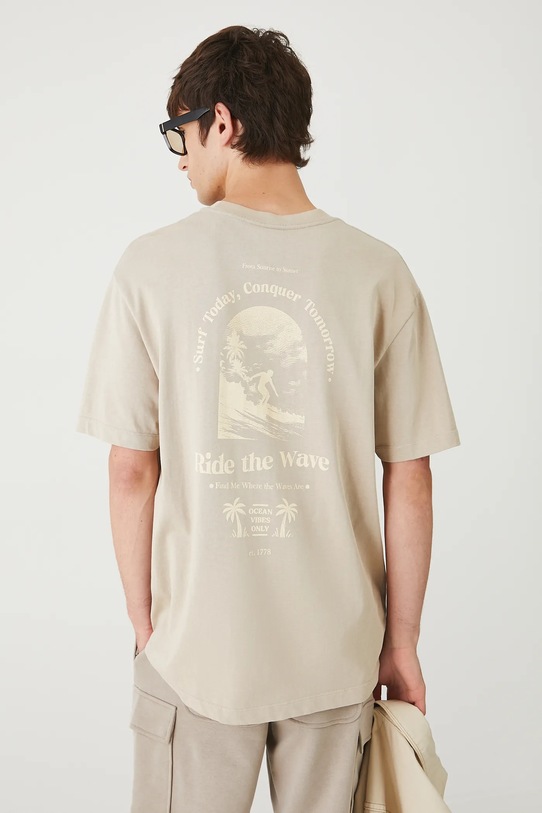 T-shirt bawełniany męski z nadrukiem okrągły beżowy RW25-TSM205