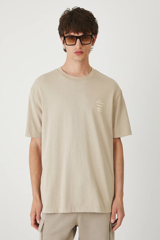 Odzież T-shirt bawełniany męski z nadrukiem RW25-TSM205 beżowy