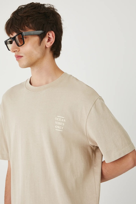 T-shirt bawełniany męski z nadrukiem beżowy RW25-TSM205