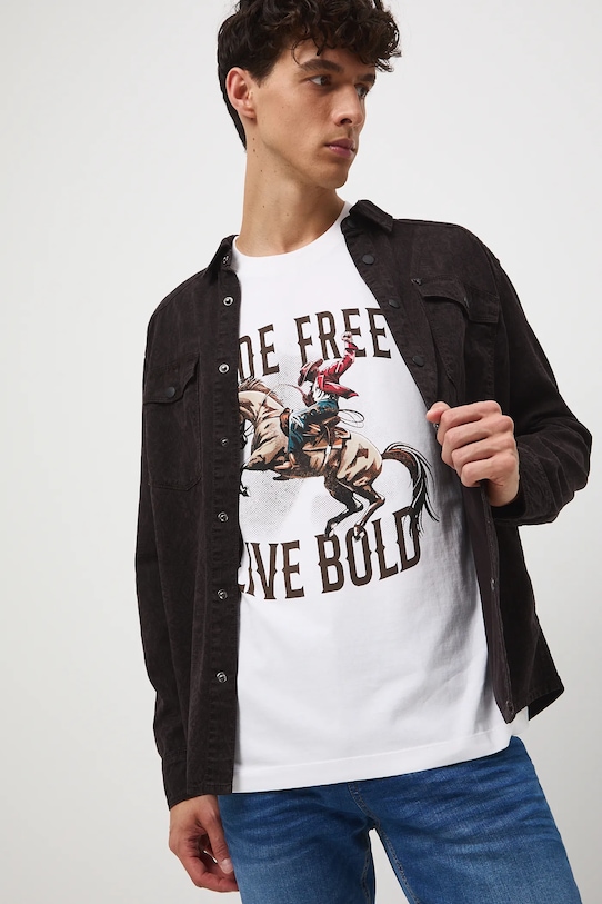 T-shirt bawełniany męski z nadrukiem okrągły biały RW25-TSM400