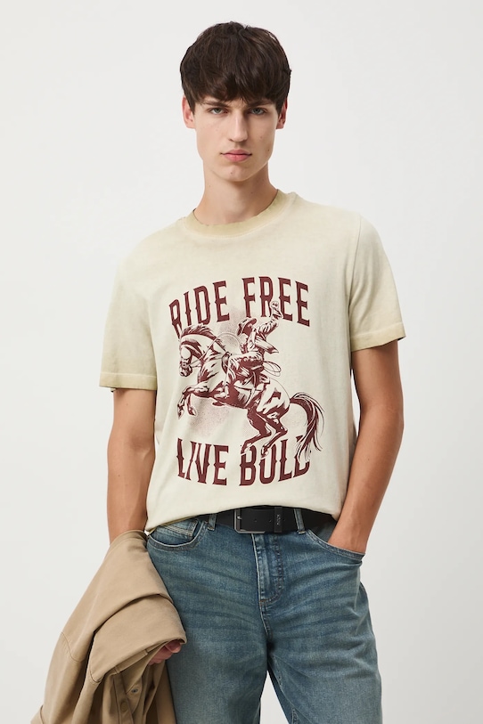 T-shirt bawełniany męski z nadrukiem okrągły beżowy RW25-TSM400