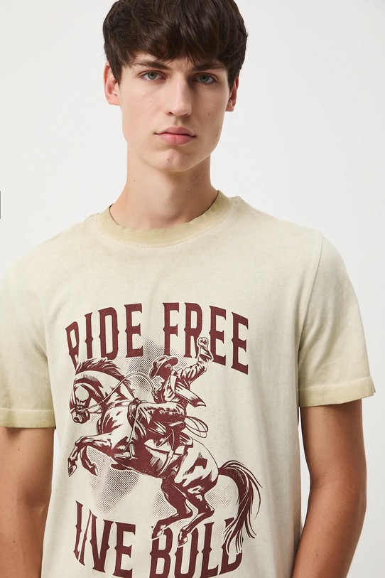 T-shirt bawełniany męski z nadrukiem beżowy RW25-TSM400