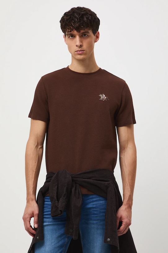 T-shirt bawełniany męski z ozdobnym haftem bawełna brązowy RW25-TSM407