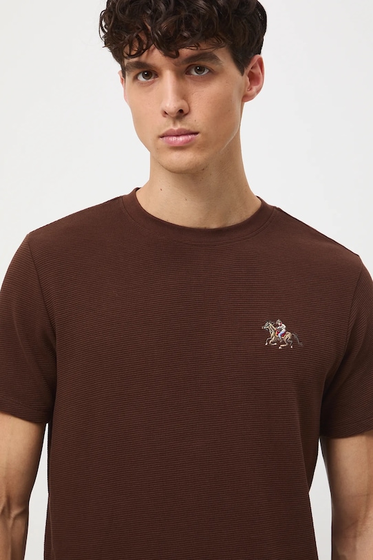 T-shirt bawełniany męski z ozdobnym haftem brązowy RW25-TSM407