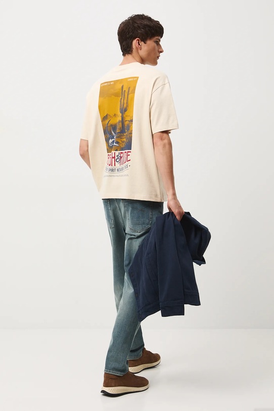 T-shirt bawełniany męski z nadrukiem okrągły beżowy RW25-TSM408