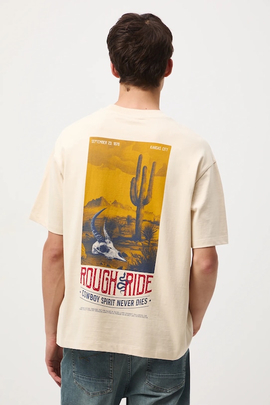 Odzież T-shirt bawełniany męski z nadrukiem RW25-TSM408 beżowy