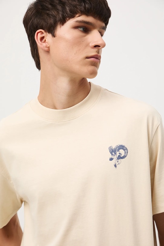 T-shirt bawełniany męski z nadrukiem beżowy RW25-TSM408