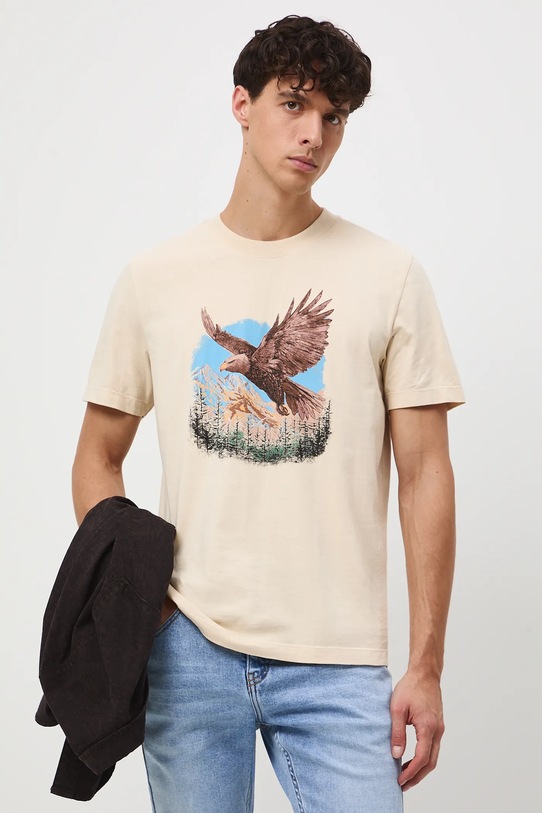 T-shirt bawełniany męski z nadrukiem okrągły beżowy RW25-TSM411