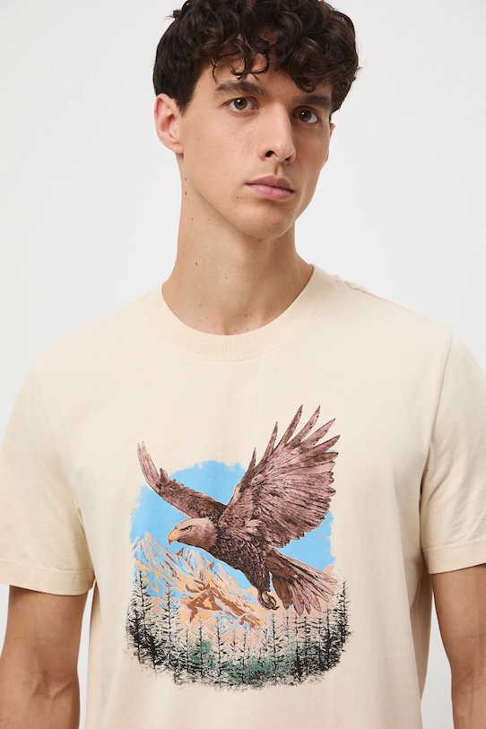 T-shirt bawełniany męski z nadrukiem beżowy RW25-TSM411