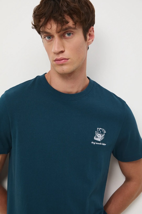 T-shirt bawełniany męski z ozdobnym haftem bawełna turkusowy RW25-TSM605