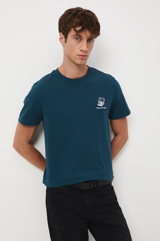 T-shirt bawełniany męski z ozdobnym haftem turkusowy RW25-TSM605