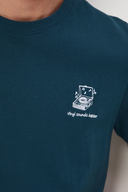 T-shirt bawełniany męski z ozdobnym haftem RW25-TSM605 turkusowy