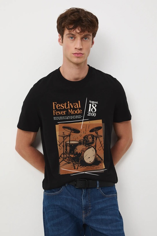 T-shirt bawełniany męski z nadrukiem czarny RW25-TSM608