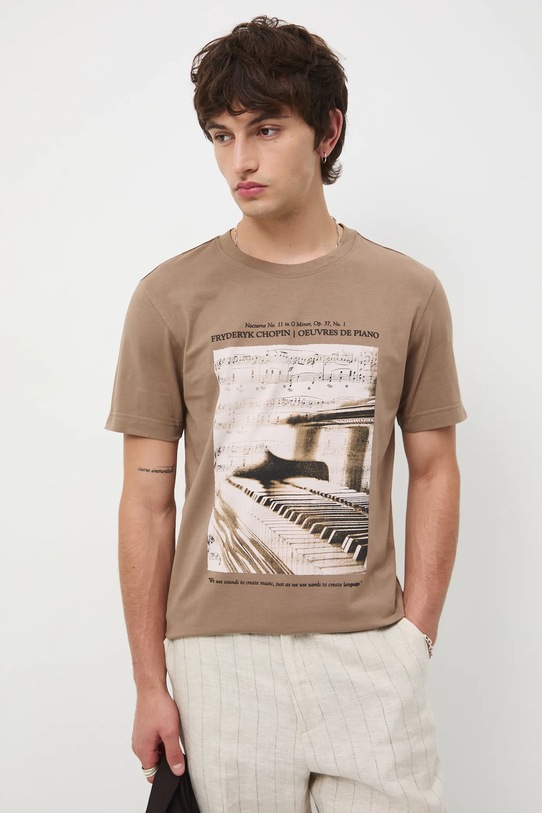 T-shirt bawełniany męski z elastanem z kolekcji Narodowy Instytut Fryderyka Chopina x Medicine RW25-TSM708 beżowy