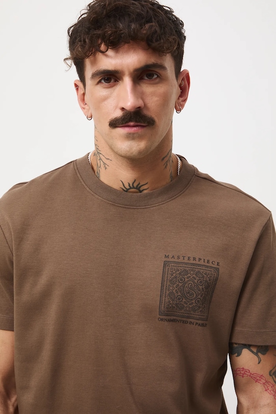 T-shirt bawełniany męski interlock z nadrukiem brązowy RW25-TSMB16