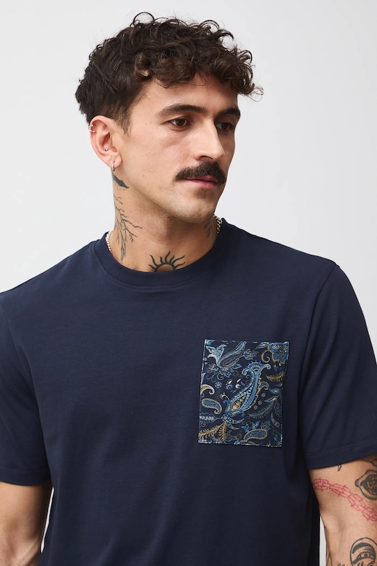 T-shirt bawełniany męski z elastanem z kieszonką na piersi granatowy RW25-TSMB20