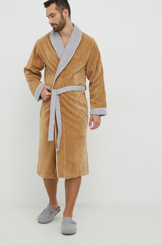 Памучен халат BOSS LORD.MEN кафяв AW22