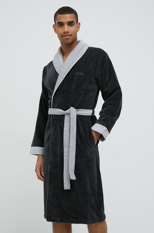 Памучен халат BOSS LORD.MEN сив AW22