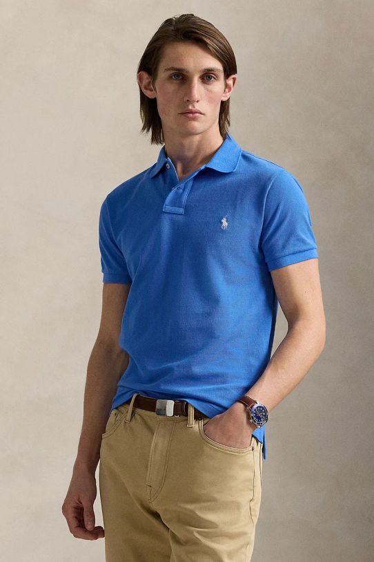 Βαμβακερό μπλουζάκι πόλο Polo Ralph Lauren slim μπλε 710536856