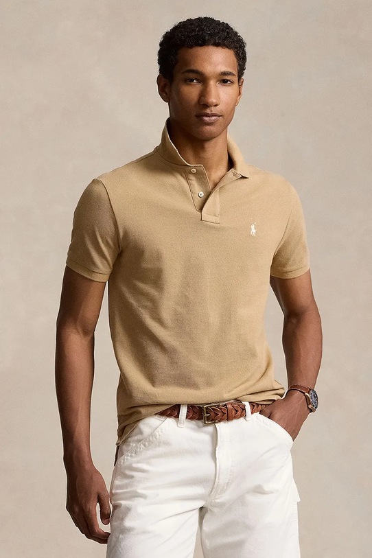 Βαμβακερό μπλουζάκι πόλο Polo Ralph Lauren slim μπεζ 710536856