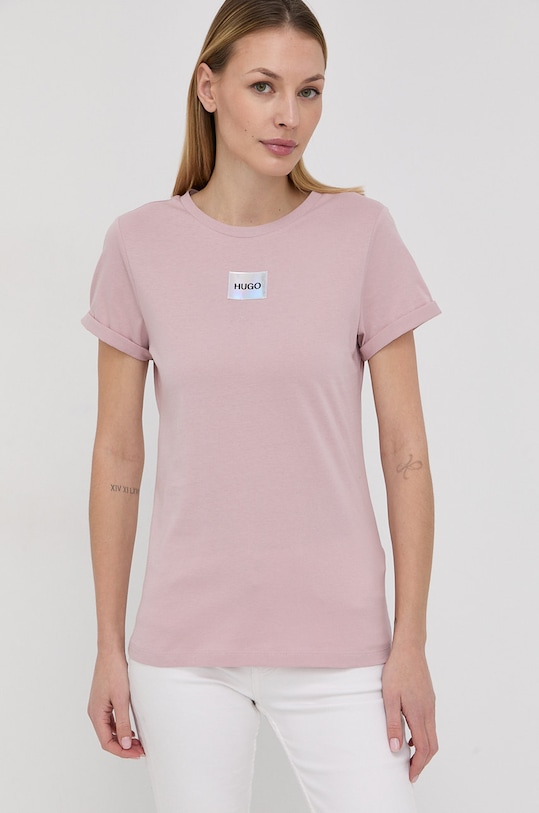HUGO T-shirt bawełniany 50456008 aplikacja różowy 50456008