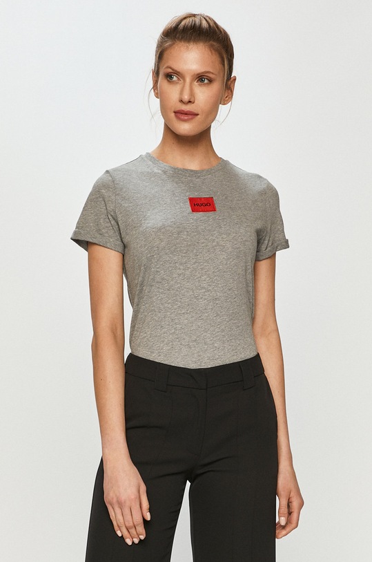 HUGO T-shirt bawełniany 50456008 aplikacja szary 50456008