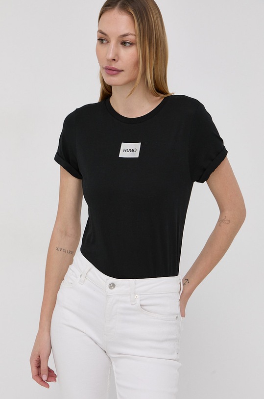 Bavlněné tričko Hugo kulatý černá 50456008