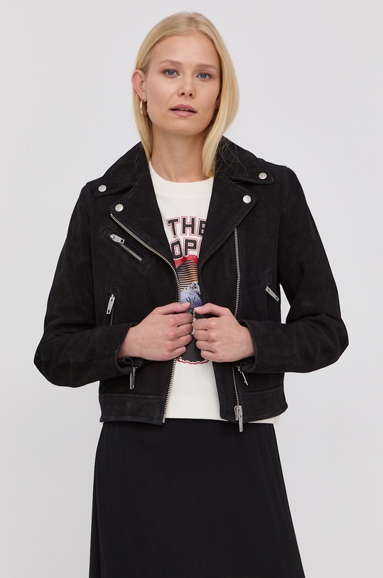 The Kooples o jacheta biker din piele intoarsa cu captuseala negru FCUI24003K