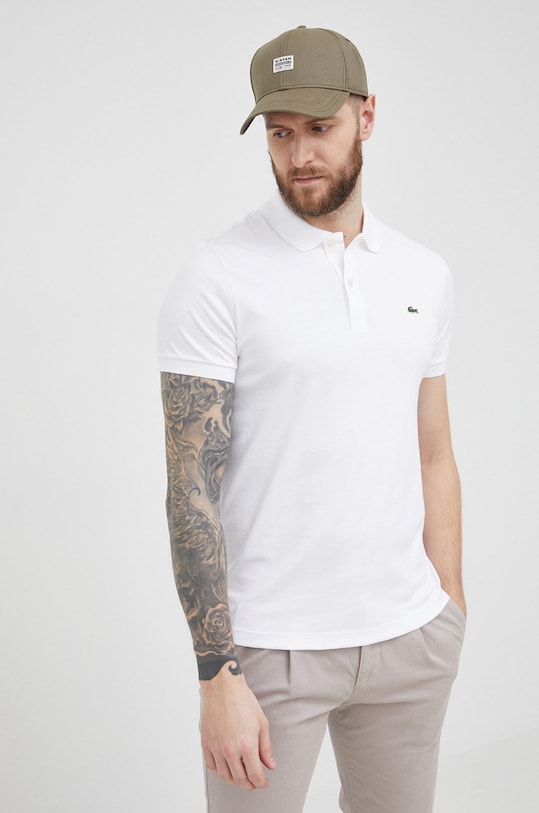 Βαμβακερό μπλουζάκι πόλο Lacoste κανονικό λευκό DH2050.