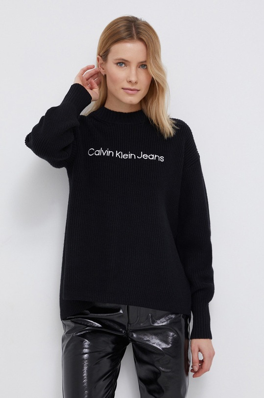 Calvin Klein Jeans Sweter z domieszką wełny J20J217730.PPYY okrągły czarny J20J217730.PPYY