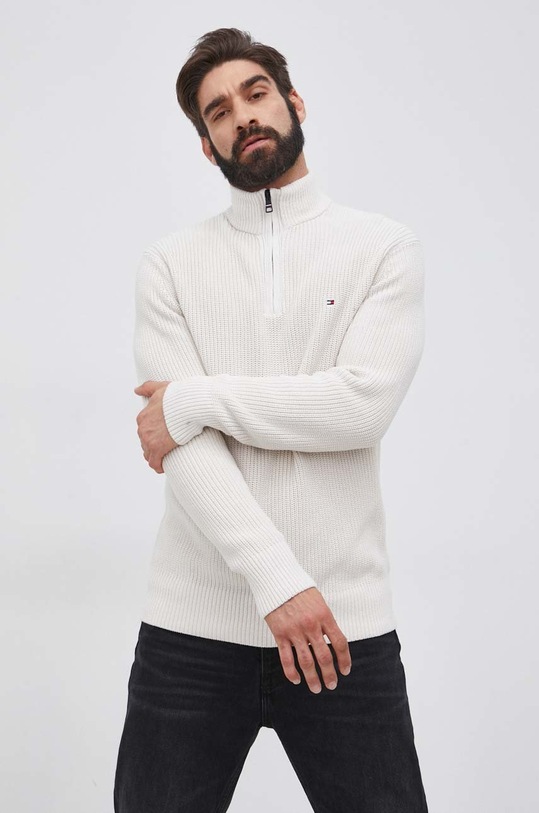 Bavlněný svetr Tommy Hilfiger propínací béžová MW0MW21304.PPYY