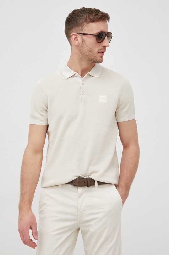 Polo se lněnou směsí BOSS Boss Casual hladký béžová 50465285