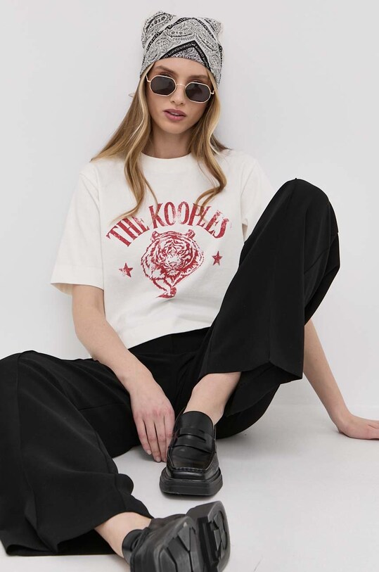 The Kooples t-shirt bawełniany nadruk beżowy FTSC24020K