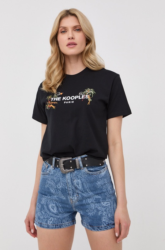 Bavlněné tričko The Kooples kulatý černá FTSC24034K