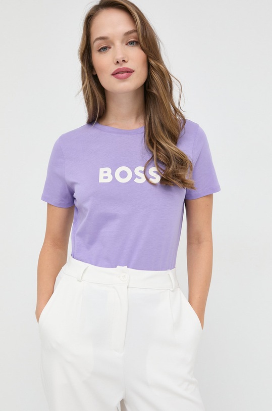 Bavlněné tričko BOSS potisk fialová 50468356