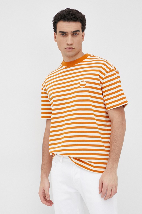 Bavlněné tričko Liu Jo kulatý oranžová M122P204STRIPESSHORT