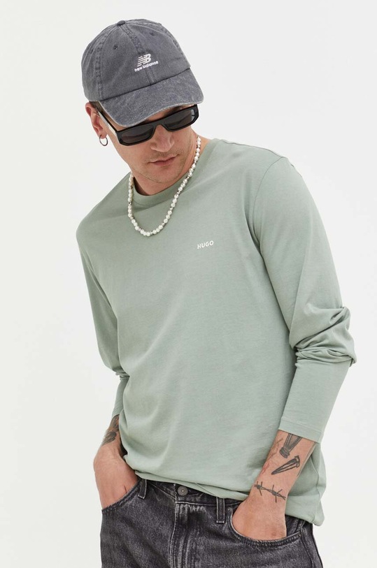 Bavlnené tričko s dlhým rukávom HUGO jednofarebný zelená 50466159