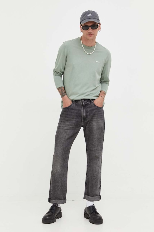 Bavlnené tričko s dlhým rukávom HUGO 50466159 zelená AA00