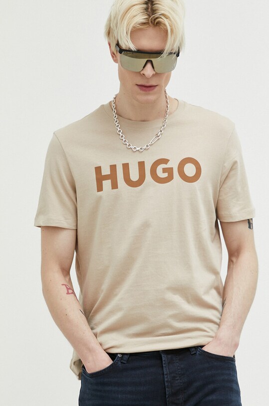 Bavlněné tričko HUGO béžová 50467556