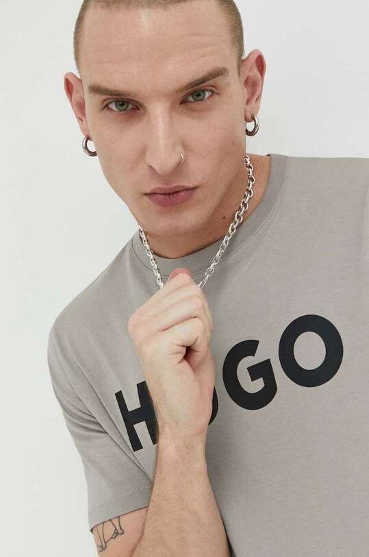 Bavlněné tričko HUGO kulatý šedá 50467556