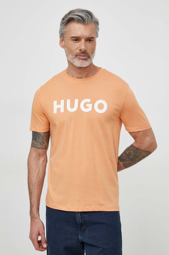 HUGO t-shirt bawełniany nadruk pomarańczowy 50467556